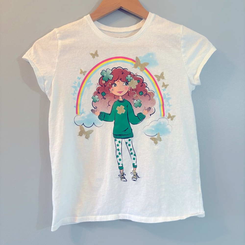 Girls Childrens Place Lg 10/12 White Tee St. Patrick's Day Shirt with Rainbow